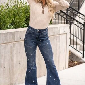Judy Blue Dark Blue High-Rise Star Embroidered Flare Jeans